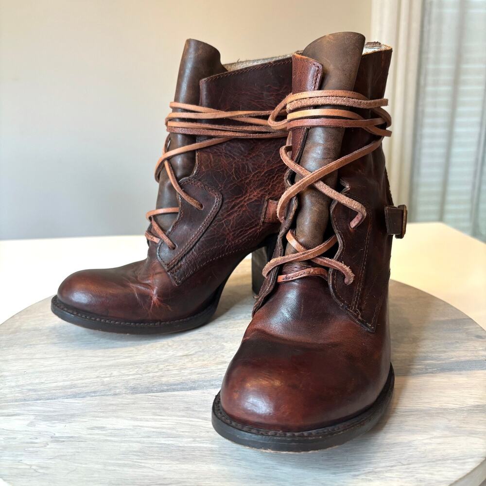 Freebird Billy Brown Leather Lace Up Ankle Boots Women's Sz 9 Block Heel Boho - Picture 3 of 10